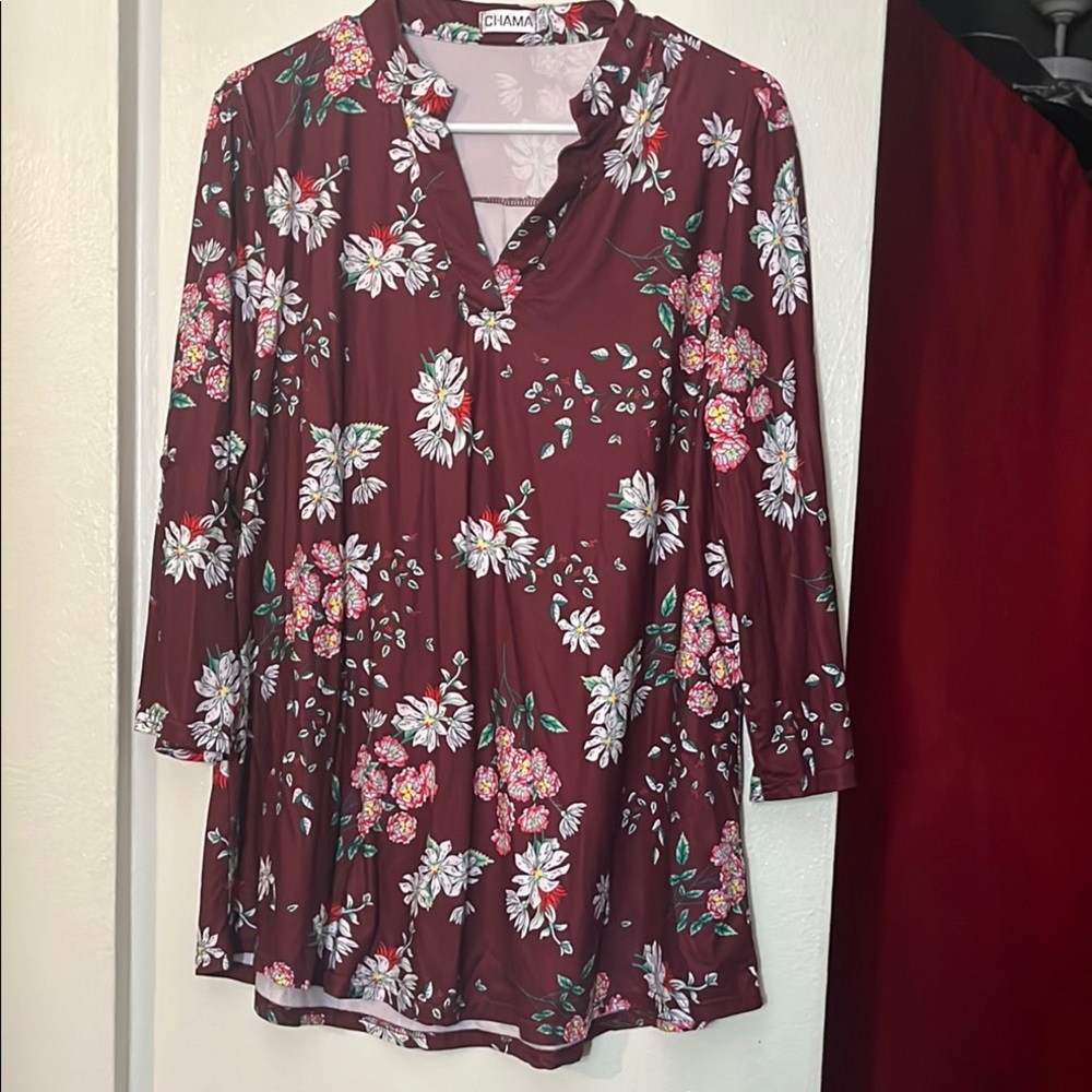 Red and White Ruffled Blouse with Mandarin Collar